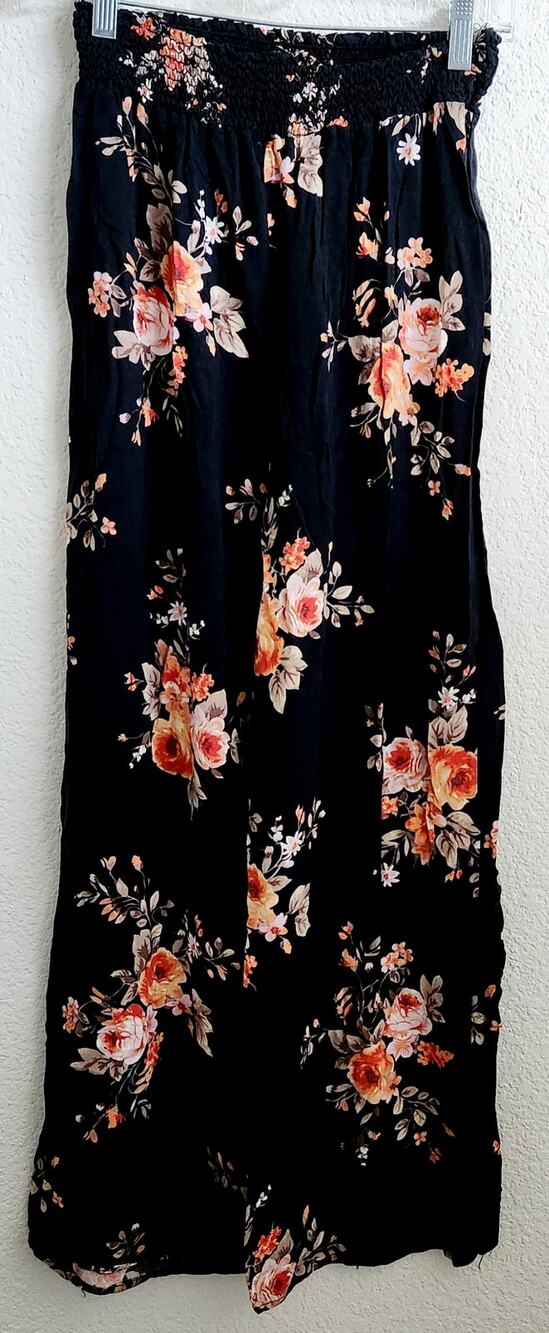 M. Fasis Black Orange Floral Print Wide Leg Palazzo Pants Medium Lightweight